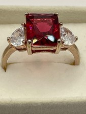 925 Silver Gold Vermeil Three-Stone Ring Emerald Cut Red Ruby CZ Size P½ Q 18mm