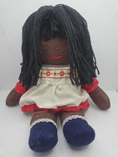 African American Rag Doll 11" Embroidered Yarn Hair Girl with Dress Apron