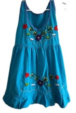 Handmade Girls Dress Blue Mexican Embroidered Floral Bird Size 5
