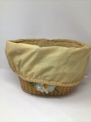 Vintage MCM Plastic Weave Style Basket Drawstring Fabric Lined w Handles Flowers - Picture 10 of 16