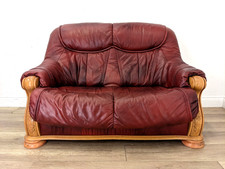SOFA 2 Seater Oxblood Leather Carved Wood Frame Studding Detail FREE DELIVERY