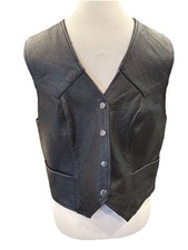 First Men's Black Leather Motorcycle Snap Button V-Neck Vest Sz M Biker READ