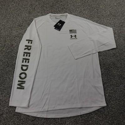 NEW Under Armour Shirt Mens L White Freedom Loose Long Sleeve USA Flag Graphic