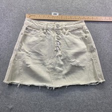 We The Free Free People Cream Distressed Denim Mini Skirt Button Fly Size 25
