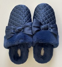 VIONIC Blue Promise Bow Faux Fur Satin Quilt Slip-On Arch Support Slippers Sz 7