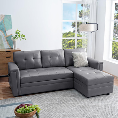 L-Shaped Sleeper Sofa with USB Ports & Storage - Gray/Air Leather