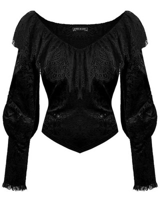Dark In Love Damen Gothic Victorian Barock Jacquard Samt & Spitze Bluse Top