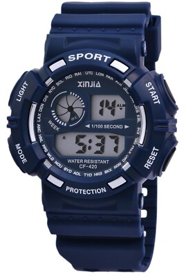 XiNJiA - Herren Digitaluhr mit Silikonarmband, Multifunktion, 3 ATM, blau