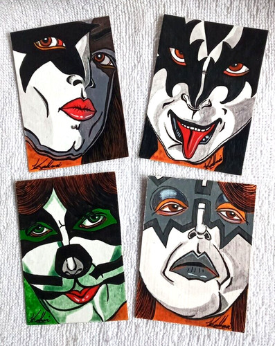 KISS CARD - ACEO - Original 4 Cards Acrylic Painting 100% Hand Rock Band