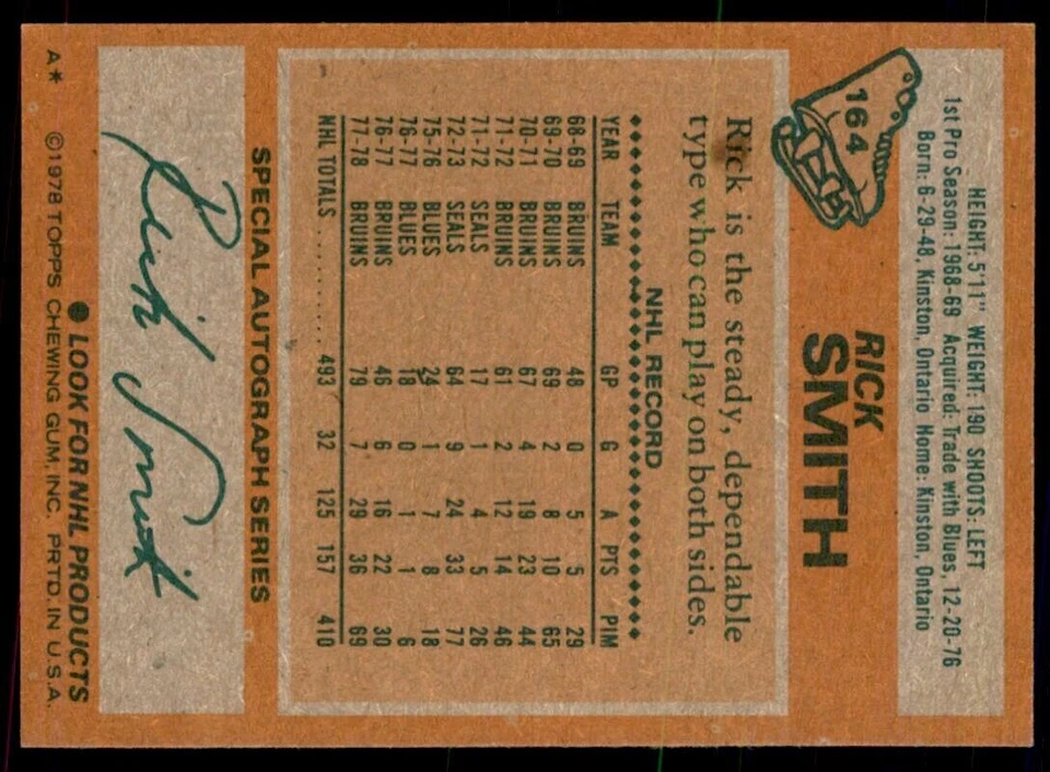 1978-79 Topps Hockey Cards Rick Smith , Boston Bruins #164 - Image 2 of 2