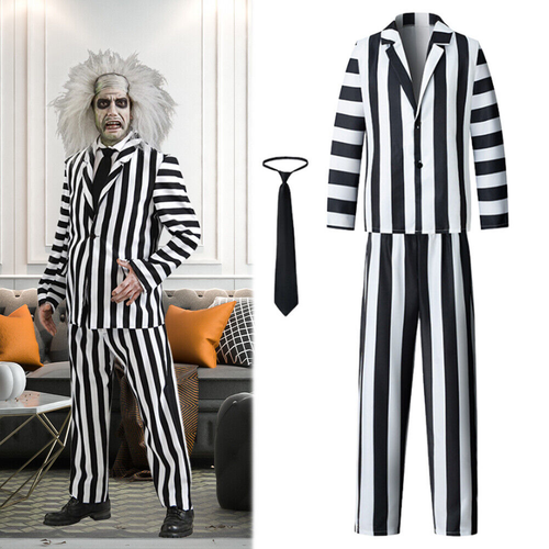 Men Beetlejuice Cosplay Costume Adam Black White Striped Jacket Pants Tie Wig - Picture 4 of 15