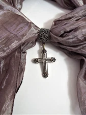 Scarf Jewelry Ring 1990 s Cross Pendent Filigree Silver Tone Rhinestones Metal