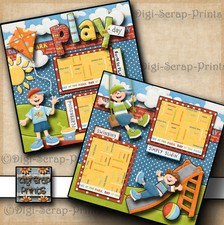 PLAY DAY  BOY  PARK 2 premade scrapbook pages paper piecing printed DIGISCRAP