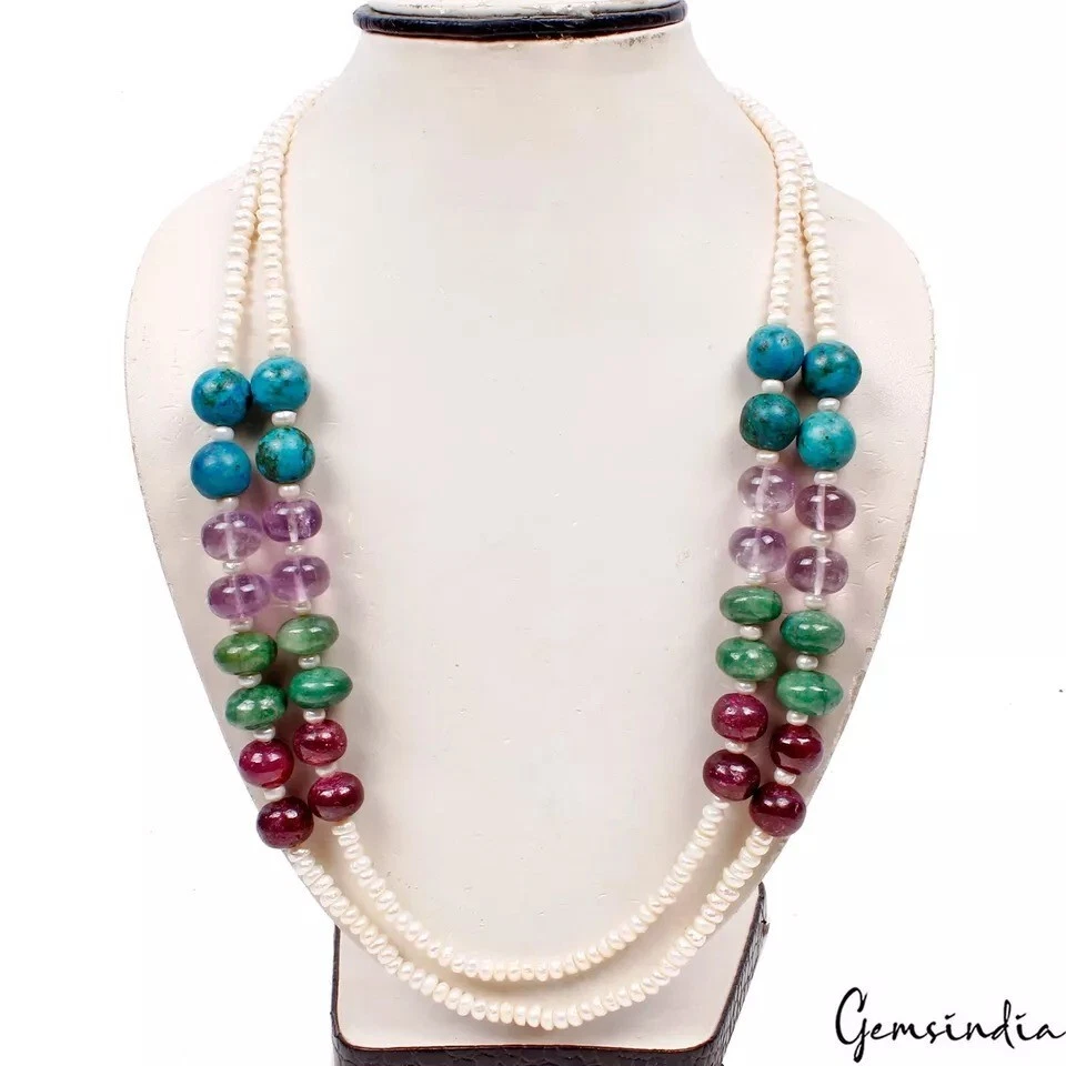 715 CT Naturel Multi Couleur Gemmes Rond Perlé Double Strand Fait à la Main - Photo 3/4