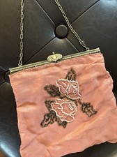 Antique French PINK Purse With Embroidered Beaded Roses