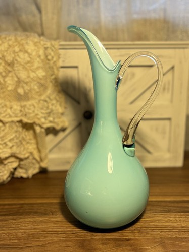 Vintage Türkis/Weiß Kunst Glas Ewer/Krug - 12,5" Hoch - Bild 1 von 9