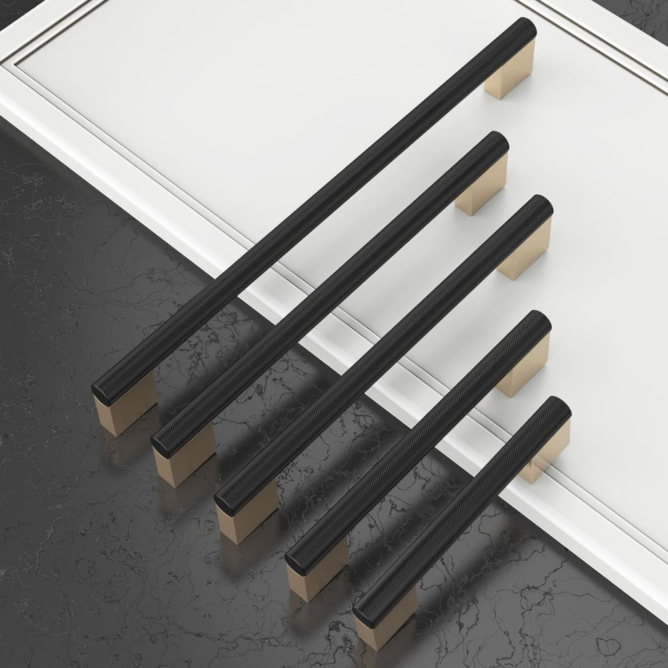 10 Pack 5" Black and Gold Pulls Knurled Kitchen Handles