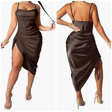 Spaghetti strap ruched bodycon midi dress.