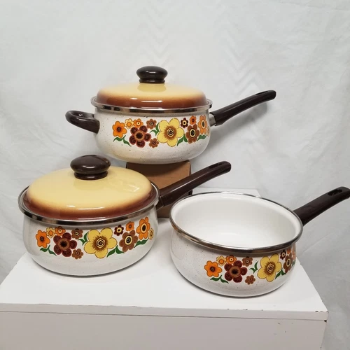 VTG 1970's Crowning Touch Harvest Blossom Porcelain Enamel Cookware Set of 5 B