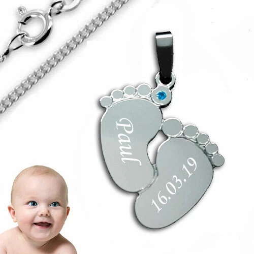 SILBERPOINT Anhänger Babyfüße mit Zirkonia(saphirblau)-925er Sterling Silber- & Kette+Gravur