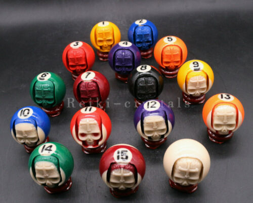 Hand Carved Head Human Skull in Billiard Pool Ball 1 Set of 16/ Included Stands - 第 1/9 張圖片