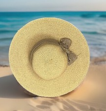 Straw Sun Hat Beige Wide Brim Lace Band Bow Adjustable Summer Beach Lightweight