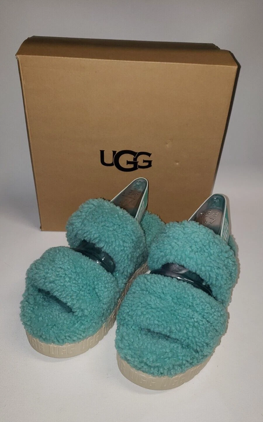 UGG OH Fluffita sandali slide pelle di pecora donna 8 EU 39 plateau 2 5" AQUA NUOVI