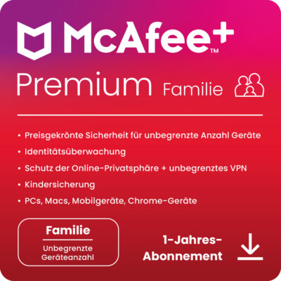 McAfee+ PREMIUM Family Security 2+4 Nutzer / Unbegrenzte-Geräte / 1 Jahr / KEY