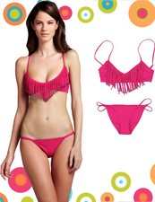 Mara Hoffman Beaded Fringe Top  Stringy Bottom Magenta Swimsuit Bikini Set