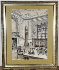 Antique Rococo Interior Architectural Watercolor Painting French English 19th C.