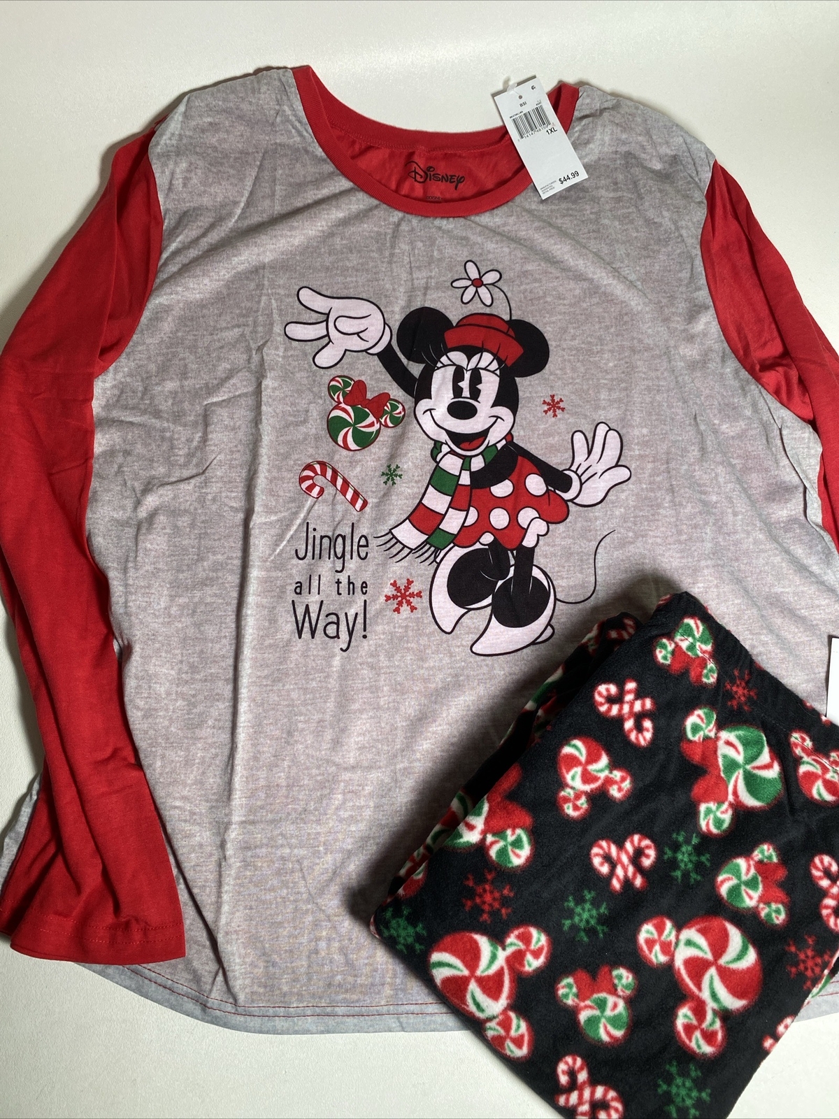 Disney Minnie Mouse Christmas Pajamas Set Womens 1X NWT Candy Canes