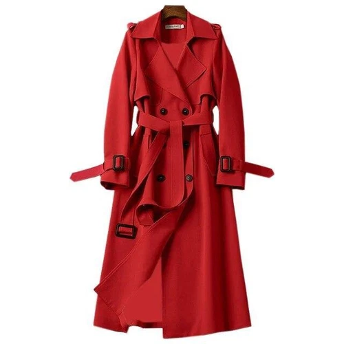 Zweireihiger langer Damen-Trenchcoat winddicht klassisch Revers Gürtel Mantel - Bild 17 von 24