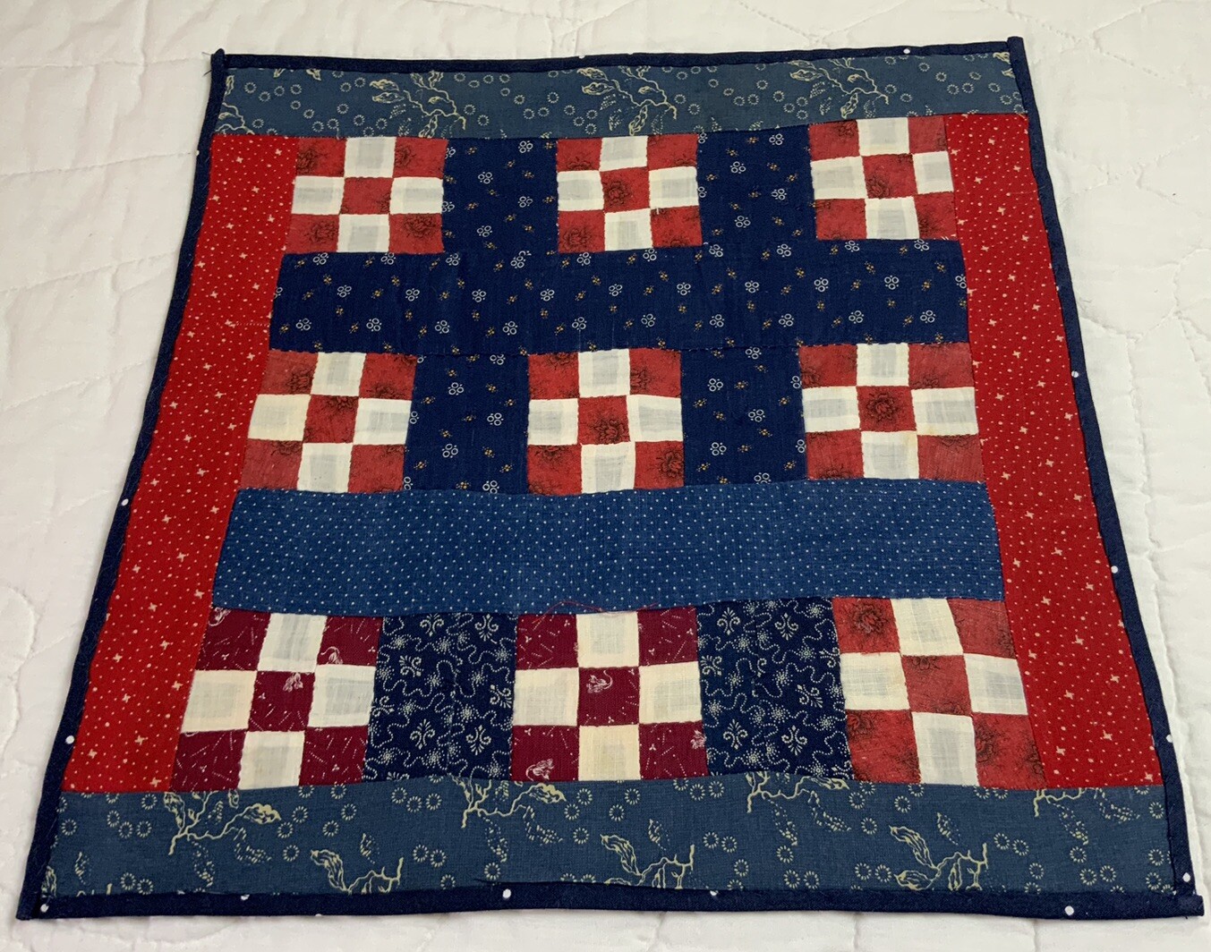 Antique Patchwork Quilt Table Topper Or Doll Quilt, Mini 9 Patch, Navy Red White