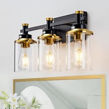 3 Light Bathroom Light Fixtures Black and Brushed Gold Vanity Light Fixture