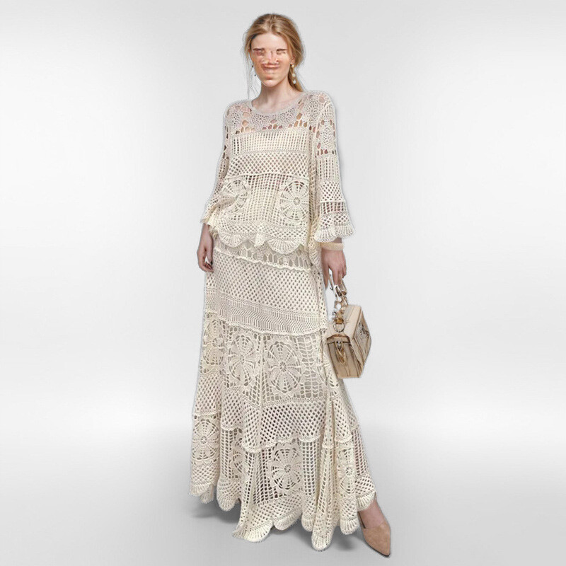 Traje de punto floral hueco para mujer cuello redondo Top + falda larga grande swing 2 un.