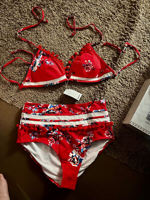 NWT COCOSHIP RED FLORAL Pom Pom High waist Piece SIZE 14 SWIM BIKINI 