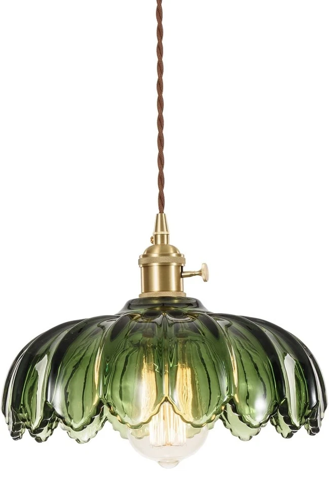 NEW West Elm Vintage Green Glass Hanging Gold Floral Pendant Light Fixture - Image 2 of 4