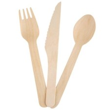 Image of Wooden Cutlery Birchwood Knives Forks Spoons Disposable Pack of 100