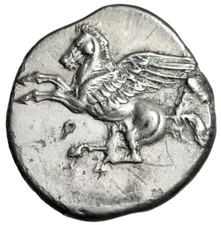 Corinthia, Corinth AR Stater "Pegasus Flying & Athena, Double Bodied Owl"