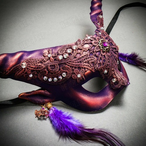 Mythical Purple Krampus Long Horns Halloween Venetian Women Masquerade Eye Mask - Picture 4 of 7