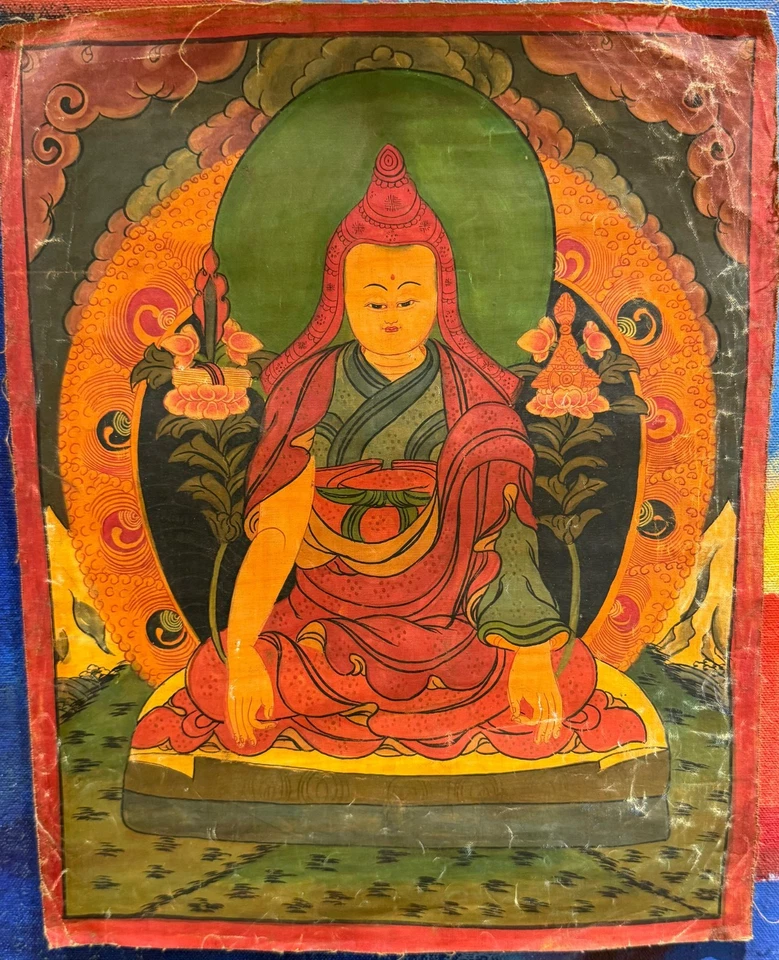 Antiguo Thangka Budista Tibetano - Retrato de Lama Pintado a Mano - Colores Vibrantes Foto 4 de 4