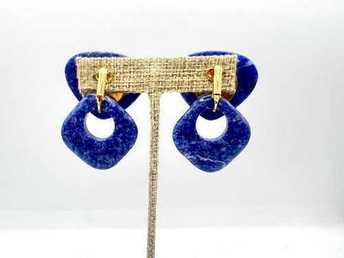 Vintage 2 Part Sodalite Blue Gemstone Clip On Earrings Chunky NOS Saks Dangles - Picture 4 of 11