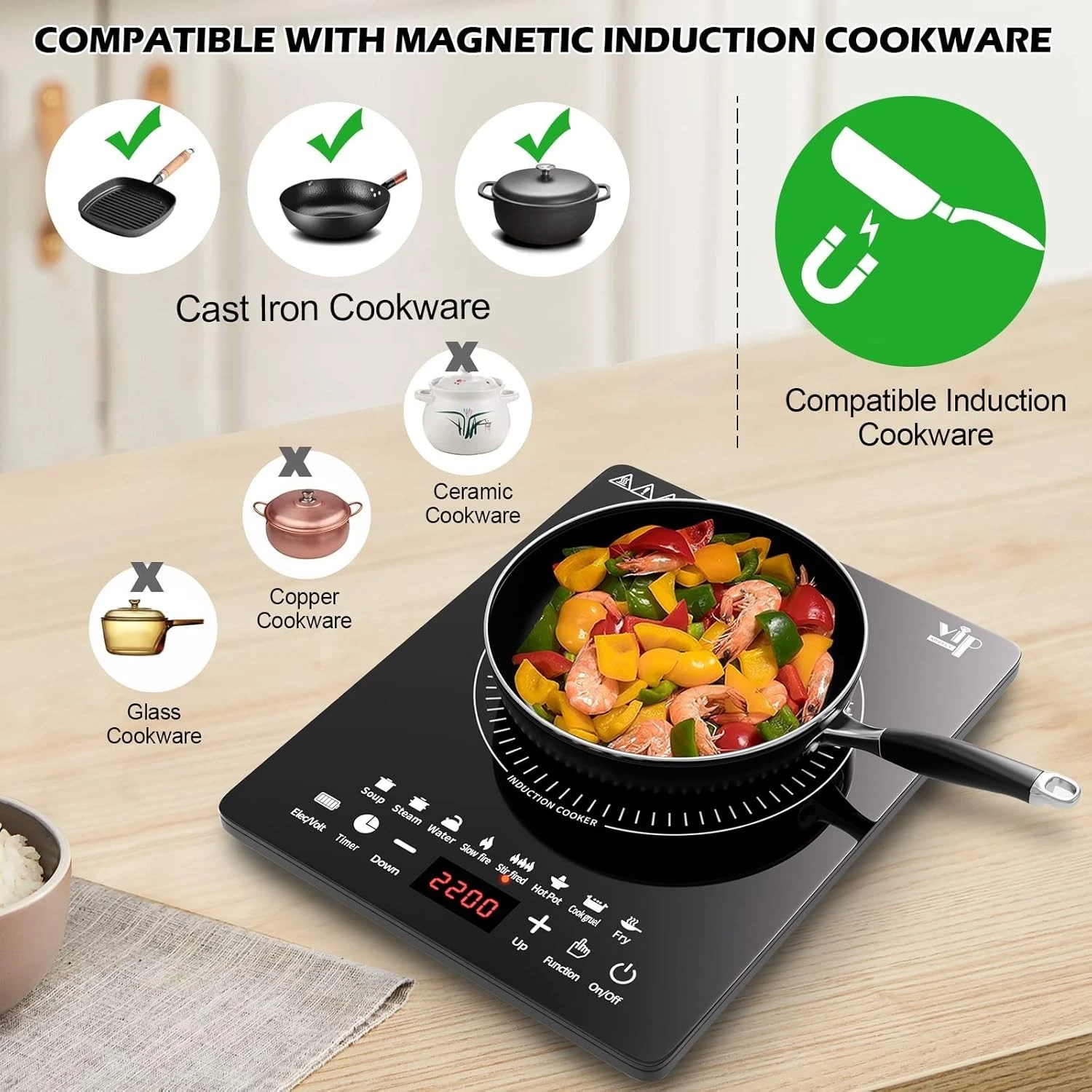 Portable Induction Cooktop Cooker with 8 Multi-Function, 2200w!
Opens in a new window or tab
