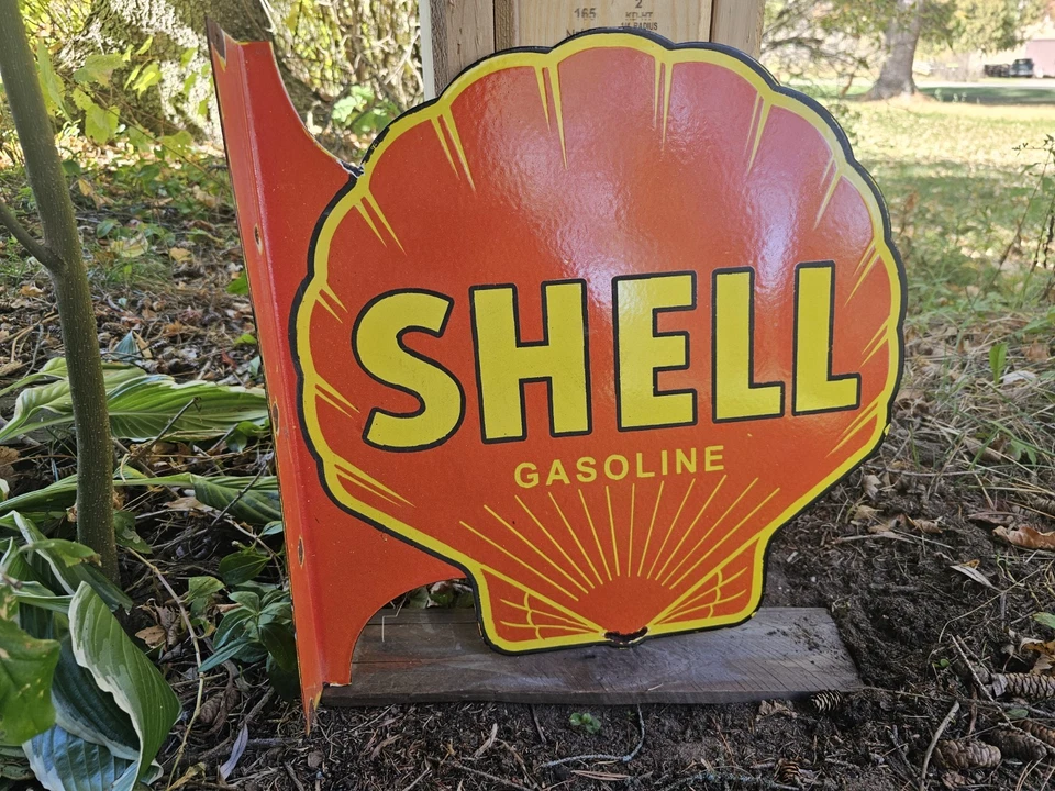 GRAN LETRERO DE BRIDA DE PORCELANA DE DOBLE CARA GASOLINA SHELL VINTAGE 17" X 17" Foto 3 de 4