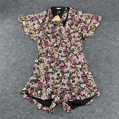 Main Strip Romper Womens Large Black Floral Short Sleeve Ruffle Hem V Neck