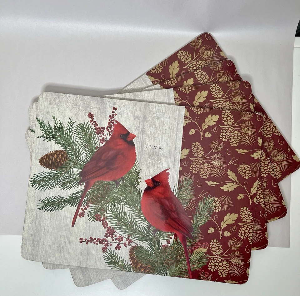 Red Cardinal Tischsets Hartkork Rückseite Set 4 Tannenzapfen Weihnachten Winter Beere