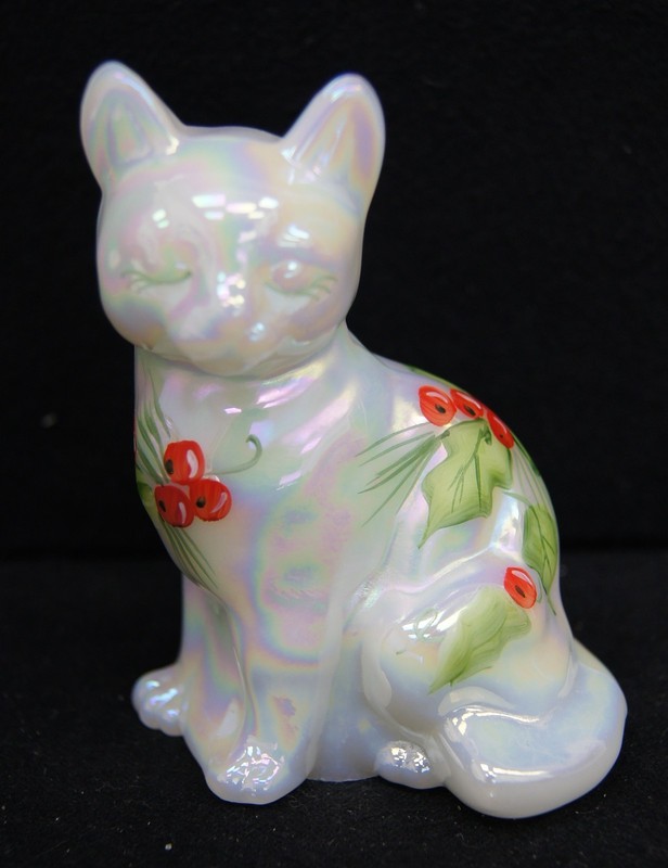 FENTON Art Glass White Iridized Sitting Cat Figurine Hand Painted Signed 3.75"