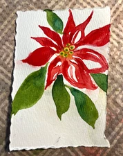 Small original watercolor painting of a  red poinsettia signed by artist. OOAK