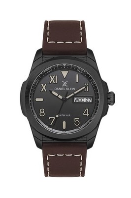 Mens 45mm Quartz Watch Leather Strap Black / Brown Day-Date