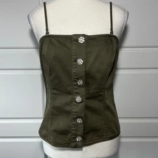 WHITE HOUSE BLACK MARKET Embellished Corset Top Olive Green Rhinestone Buttons 8